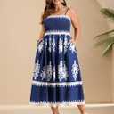 CICIDUDU Plus Size Spaghetti Strap Summer Boho Floral Dress Beach Sleeveless Sundress Smocked Maxi Dress with Pockets 2026 (Blue, XL)