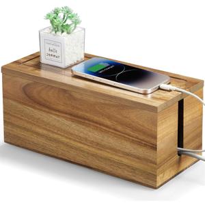 Acacia Wood Cable Management Box - Cable Organizer Box - 2 Open Slots Cords Hider Box - Under Desk Cord Organizer for Power Strip Extension Cord Surge Protector Charger Wire (Medium)