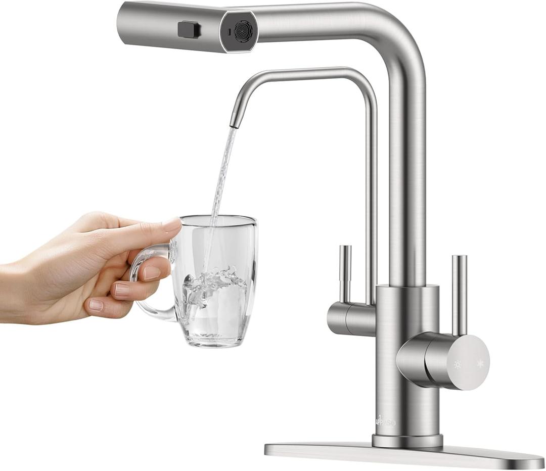 APPASO Waterfall Kitchen Faucet with Water FilterWithout Water Filtration Device2 Handle Kitchen Sink Faucet, Brushed Nickel Kitchen Faucet with Pull Down Sprayer - 3 in 1 Kitchen Sink Faucet
