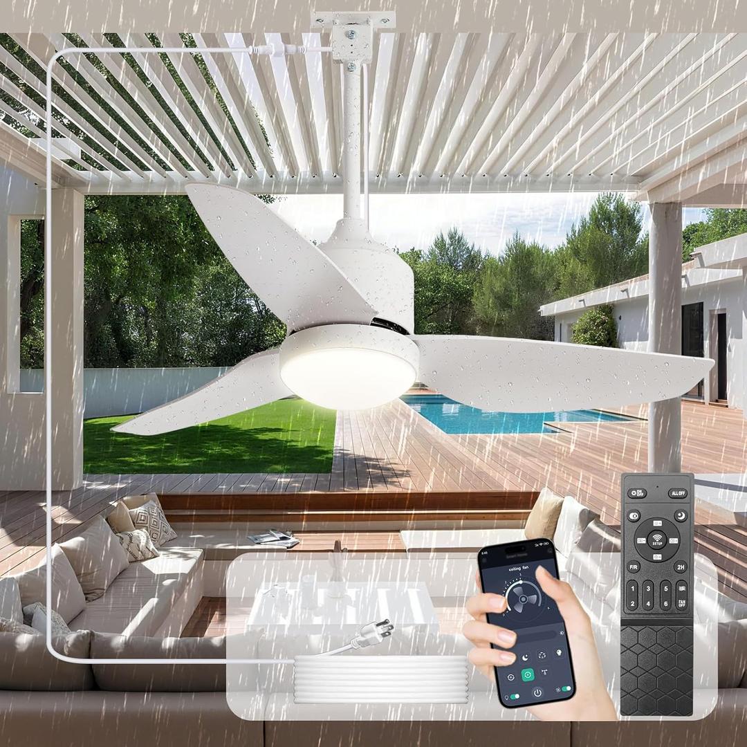 Depuley Outdoor Ceiling Fan with Light: 42 Inch White Waterproof Gazebo Fans with Lights Outdoor Hanging - Plug in Remote App Control for Patio Indoor Farmhouse Porch - 6 Speed Reversible DC Motor