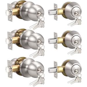 Knobonly 3 Set Keyed Same Entry Door Knob with Single Cylinder Deadbolt, One Keyway Door Lock Set in Satin Nickel Finish, Indoor/Outdoor Security Door Handles