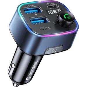 Syncwire Bluetooth 5.3 FM Transmitter Car Adapter 48W(PD 36W & 12W) [Light Switch] [Hi-Fi Deep Bass] [Fast Charging] Wireless Radio Music Adapter LED Display Hands-Free Calling Support USB Drive