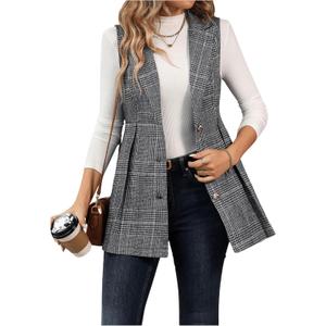 GORGLITTER Women's Plaid Sleeveless Long Vest Cardigan Business Casual Work Fall Blazers Outfits For Women 2024 (Medium)