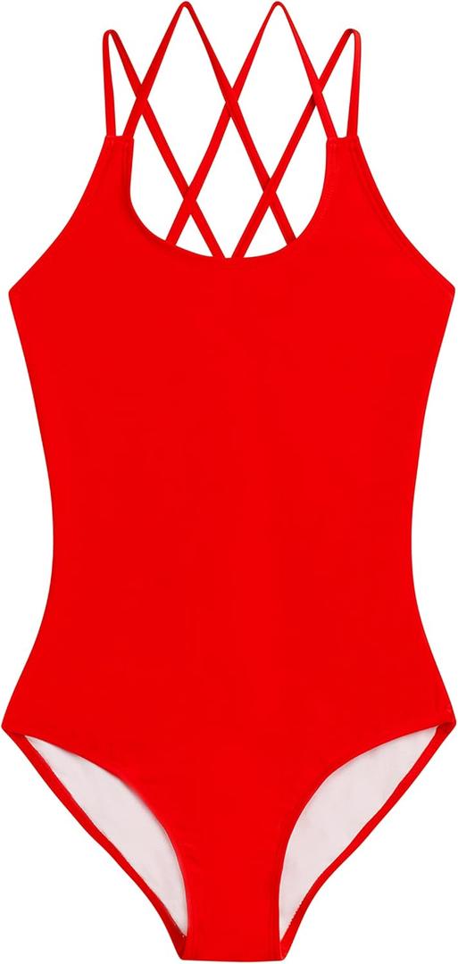 Kanu Surf Girls' Reese UPF 50 Beach Sport Criss-Cross One Piece Swimsuit (12, Solid Red)