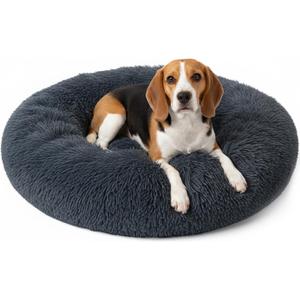 Donut Pet Bed for Medium Size Dog, Round Calming Soft Cat Cuddler,Anti Anxiety Cozy Soft Sofa,Fluffy Faux Fur Plush Cushion-31''-Dark Grey