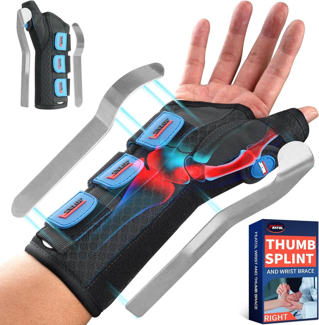 FEATOL Carpal Tunnel Wrist Brace Night Support, Thumb Spica Splint Right Hand for De Quervains Tenosynovitis, Tendonitis, Wrist Brace With Thumb Support-Small/Medium-Women & Men, Black
