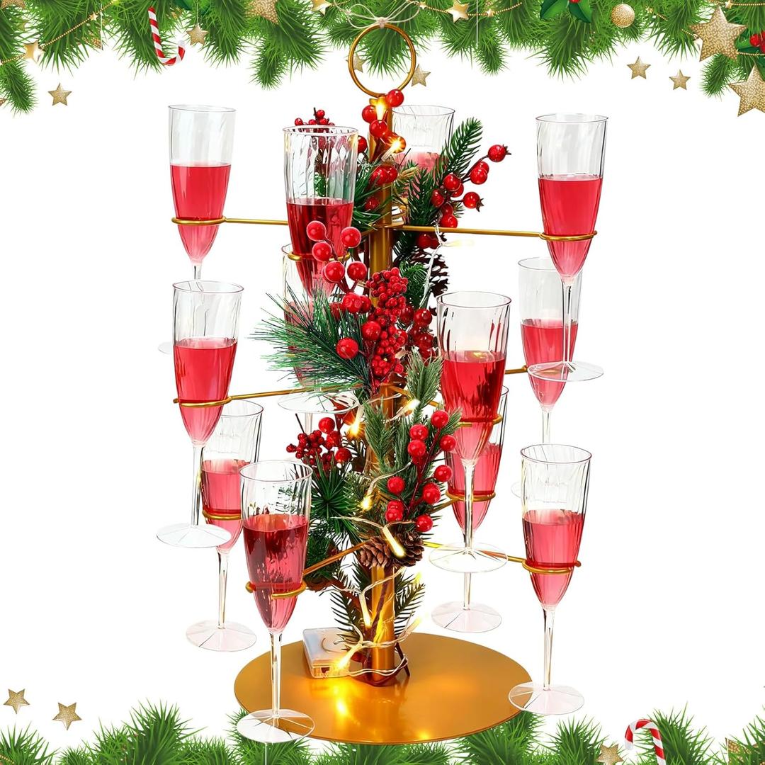 3 Tiers Christmas Gold Cocktail Tree Stand with 12 Holders 12 Pcs 10 oz Glass Light Tree Drink Holder Display Tower with Pinecone Branch for Party Champagne Bar Bridal Shower Wedding