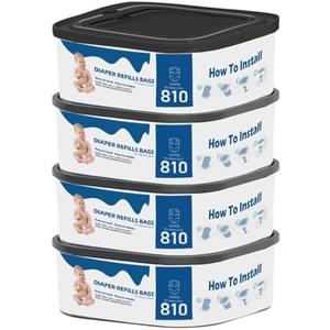 4 Pack Jumbo Square Bags Refill Compatible with Diaper Genie Compact | Compatible with Select Pails, Max Order Control, Holds Up to 810 Newborn Diapers, Disposal Bag Refills with Continuous Film