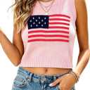 DUTUT Womens Sleeveless American Flag Sweater Vest 250th Anniversary 4th of July Patriotic Shirts Summer USA Knit Crop Tops L (Pink, L)