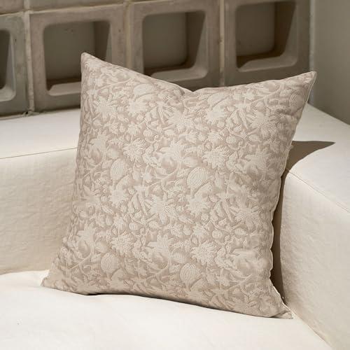 Amor Virisso Throw Pillow Covers 20x20 Floral Pillow Covers Block Print Farmhouse Neutral Pillow Covers Decorative Accent Throw Pillows for Couch Bed Living Room Sofa Pillows 1PC, Cream Oatmeal