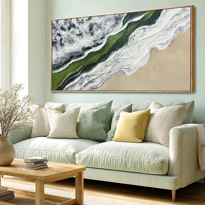 Sage Green Wall Art Abstract White Green Beach Wave Wall Decor Framed Canvas Prints Posters Pictures Artwork 24"x48" Ready to Hang