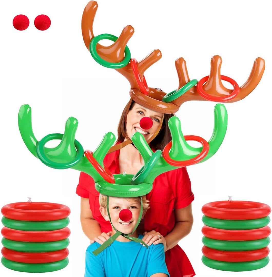 Christmas Reindeer Antler Ring Toss,Christmas Party Games for Kids Family 2 Set 10 PCS Inflatable Antler Hat Rings Christmas Party Favor Decorations Gifts Grandkids Stocking Stuffers Carnival Holiday