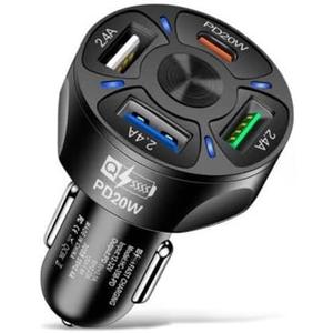 4 Port USB Fast Charging Cigarette Light Car Charger 3 * 2.4 A USB/ 1 PD20W LED Light Compatible with Tablets Cameras iPhone 14 13 12 11 Pro Max X XR XS Samsung Galaxy Series Google Pixel Android/iOS