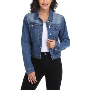andy & natalie Women's Denim Jackets Cropped Long Sleeve Basic Button Down Crop Jean Shacket with Pockets (X-Large, Dark Blue)