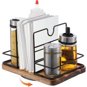 Napkin Holders for Kitchen Table, Rotating Wood Vertical Napkin Dispenser That Can Hold Salt and Pepper, Rustic Napkins Holder for Kitchen Dining Table Decor Brow Acacia