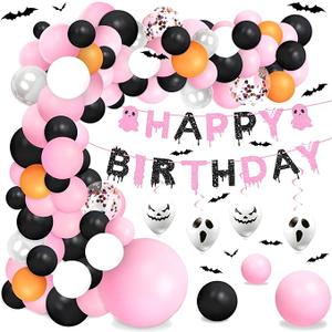 Halloween Pink Birthday Party Decorations Balloon Arch Foil Balloon Banner Bat Hanging Swirl for Halloween Happy Boo Day Baby Shower Party Supplies, Pack of 2