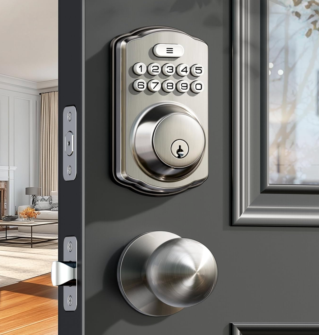Veise Keyless Entry Door Lock with 2 Knobs, Electronic Backlit Keypad Deadbolt with Handle Set, Auto Lock, One-time Codes, Smart Deadbolt for Front Door, Easy Installation, Satin Nickel