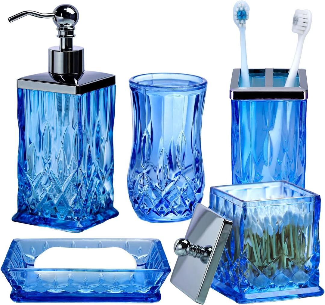 Bathroom Accessories Set,5 Pcs Blue Glass Bathroom Accessory Set,Complete Lotion Soap Dispenser, Toothbrush Holder,Soap Dish,Tumbler & Jar,Modern Bathroom Decor Sets Gift,Square