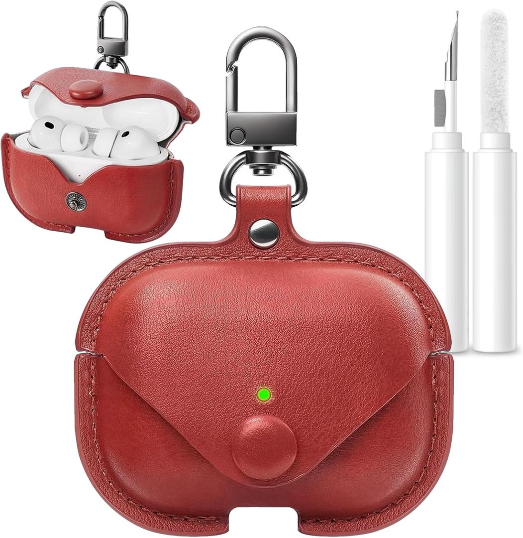 for AirPods Pro 3 Case Leather, Vintage Portable Leather Protective Case Cover with Keychain and Snap Lock for Apple Airpods Pro 3nd(2025) with Cleaner Kit