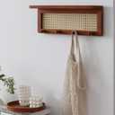 PE Rattan Key Holder with 4 Key Hooks ,Wall Mounted Decorative Floating Shelf for Entryway,Nursery,Mudroom, Hallway, Office (Retro Brown)