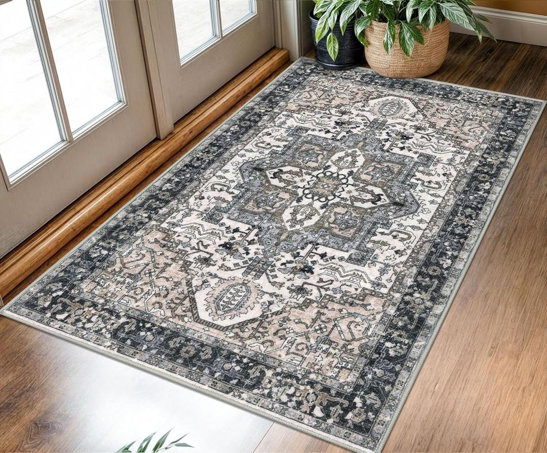 KOZYFLY Boho Area Rug 3x5 Ft Rugs for Entryway Washable Entry Rug Non Slip Door Mat Indoor Entrance Printed Faux Wool Throw Rugs for Entrance Kitchen Living Room, Black/Taupe/Beige