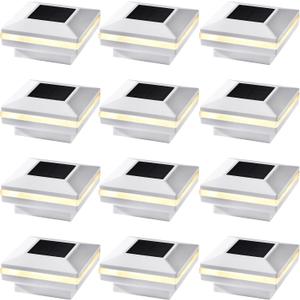 Dynaming 12 Pack Solar Post Lights, Outdoor Solar Powered Decorative Post Cap Light, White Shell & Warm White LED Lighting for Fence Deck Patio, Only Fit 3.5"x3.5" Wooden Posts