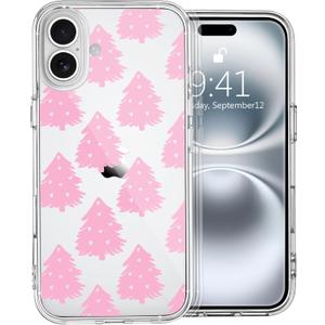 MAYCARI for iPhone 16 Plus Case Christmas Phone Case Pink Xmas Trees Clear Case Anti-Scratch Shockproof Slim Soft TPU Phone Case Cover for Apple iPhone 16 Plus Winter Xmas Theme Phone Case Series