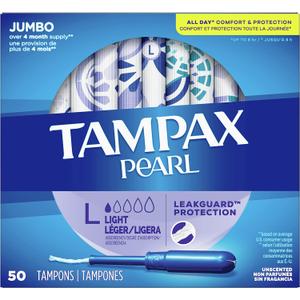 Tampax Pearl Tampons Light Absorbency with BPA-Free Plastic Applicator and LeakGuard Braid, Unscented, 50 Count