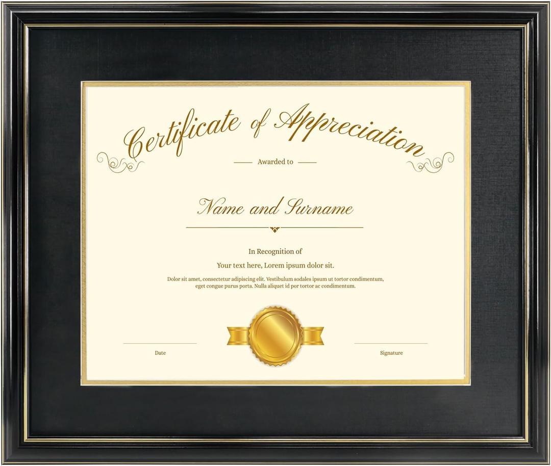Diploma Frames 11x14 with Mat, 15x18 Black Gold Color Document Frame for 11x14 Diploma/Certificate/Picture, Includes Double Mat and UV Protection Acrylic (Double Mat)