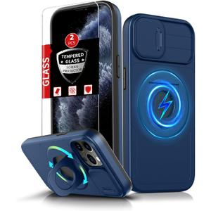 For iPhone 11 Pro Case Magnetic Compatible with MagSafe Wireless Charging,with 2 Screen Protectors,Built-in 360Kickstand Ring+Camera Cover Anti-Scratch Shockproof Heavy Duty Protection Blue