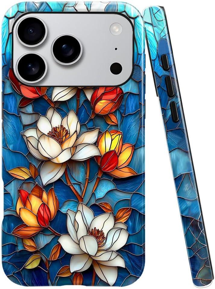 Case for iPhone 17 Pro,Fits Glossy Case Design for Girl Women,Lotus Floral Flower Stained Glass