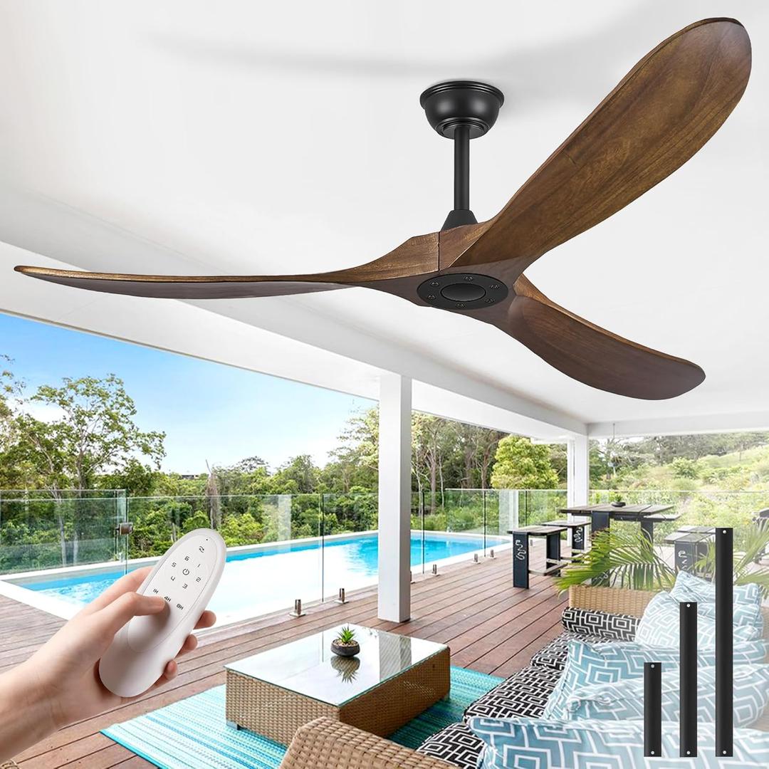 Haipeel 60" Wood Ceiling Fan no Light, 60 Inch Ceiling Fans without Lights with Remote Control, Indoor Outdoor Ceiling Fan no Light for Bedroom Porch Modern Propeller 3 Blade ETL DC Motor, Dark Walnut