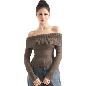 SUUKSESS Women Off Shoulder Sweaters Long Sleeve Ribbed Knit Going Out Fall Tops Blouse (X-Small, Khaki)