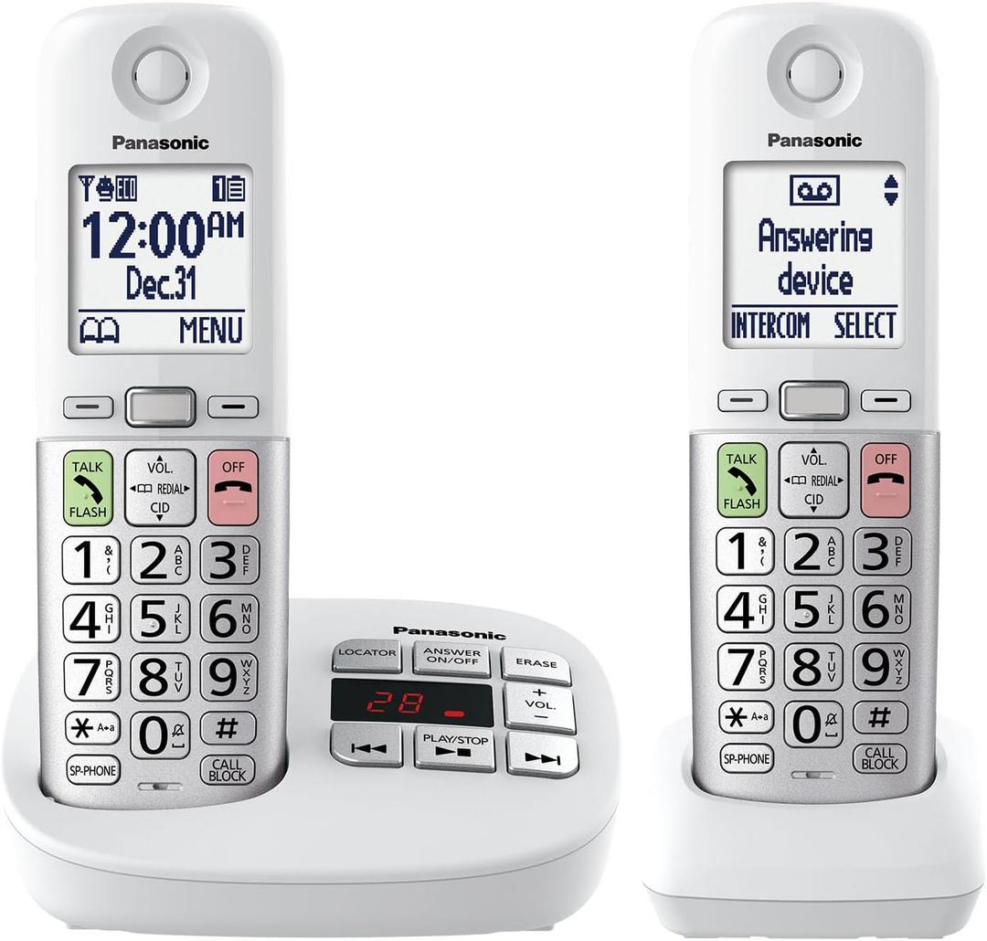 Panasonic Cordless Phone, Easy to Use with Large Display and Big Buttons, Flashing Favorites Key, Built in Flashlight, Call Block, Volume Boost, Talking Caller ID, 2 Cordless Handsets - KX-TGU432W (White)