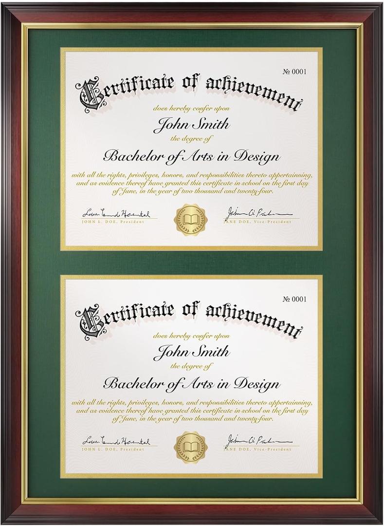 Double Diploma Frame 14x20, Display Two 8.5x11 Degree, Certificates, Documents, Tempered Glass with Acid-Free Green over Gold Mat, Dual Diploma Frame for Graduation, Mahogany with Gold Trim