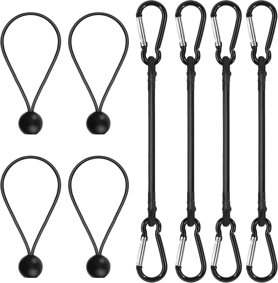 Bungee Cords with Hooks  12 Inch Elastic Tie Down Straps with Carabiner, 4 Ball Bungee Cords 8 Inch, Max Load 78 lbs for Car Trunk, Camping Gear, Bike Cargo, Garage Tools & Outdoor Storage Black