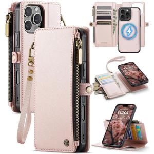 for iPhone 16 Pro Max Wallet Case Magnetic [Compatible with Magsafe] [RFID Blocking Card Holder] [Zipper] [Strap] Detachable Drop-Proof Phone Cases for iPhone 16 Pro Max 6.9", Champagne Gold