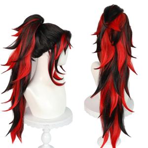 Tsugikuni Yoriichi Wig for Demon Slayer Kokushibou Cosplay Long Red Wavy Wig Men Black Male Curly Wig Negro Peluca Larga Roja Synthetic Wig for Anime Halloween Costume Party + Wig Cap