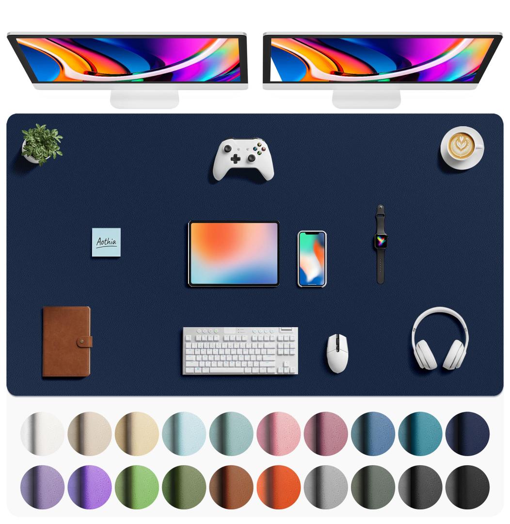 Aothia Faux Leather Desk Mat - Large Mouse Pad, Non-Slip PU Leather Blotter, Waterproof Writing Surface for Office and Home (Dark Blue, 63" x 24")