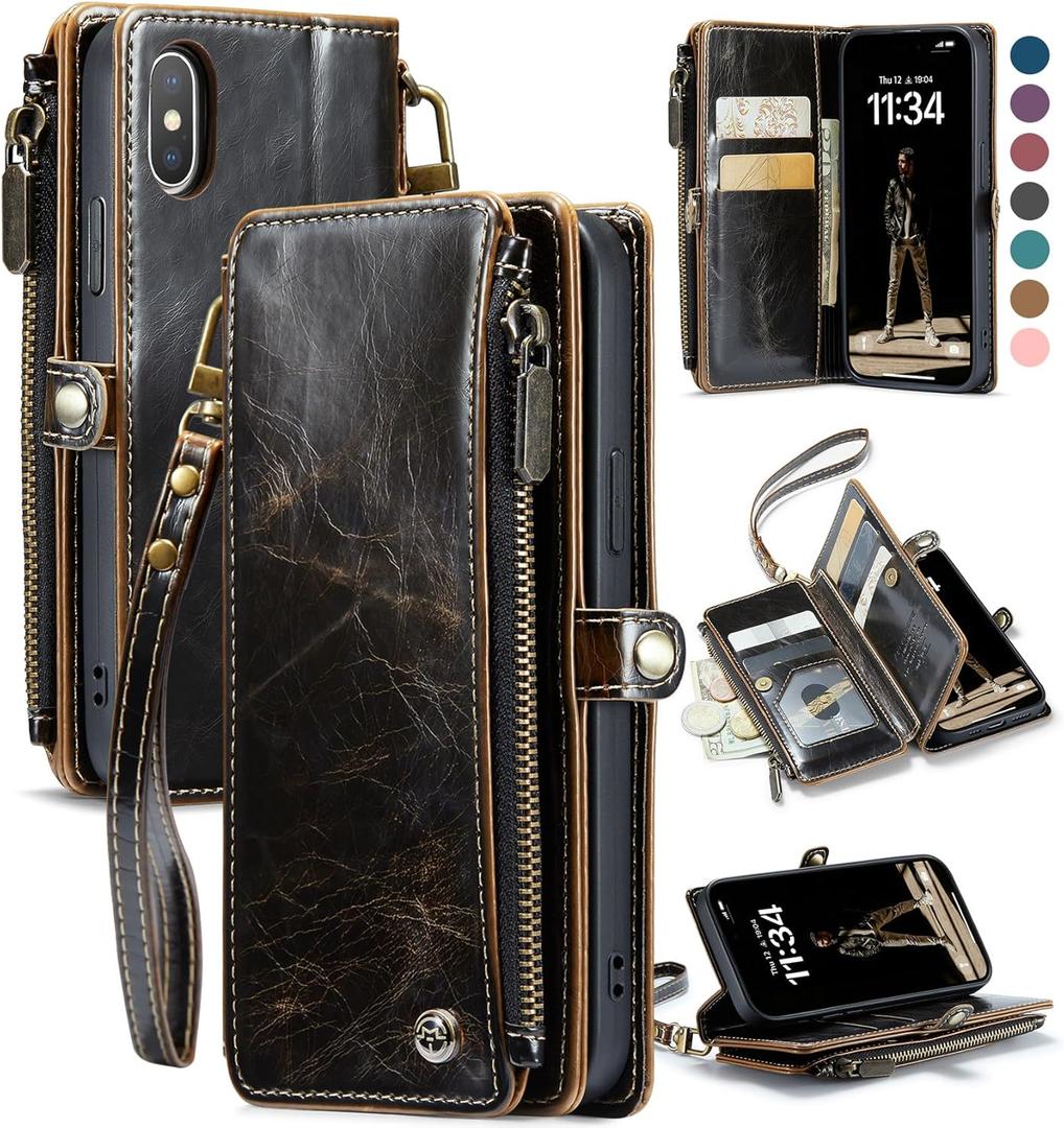 Defencase Compatible with iPhone X/XS Case Wallet with RFID Blocking Card Holder for Women Men, Fashion PU Leather Magnetic Snap Flip Zipper Strap Wallet Phone Case Fit for iPhone Xs & X 5.8", Coffee