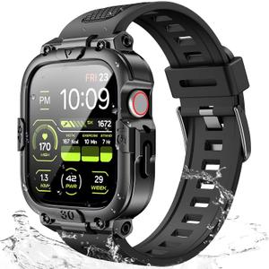 Dsytom Waterproof Case with Band Compatible for Apple Watch Band 45mm 44mm 41mm 40mm for Men ,Rugged Shockproof Smartwatch Strap Protective Bumper Cover with Built-in Tempered Glass Screen Protector (45mm(Series 9/8/7), Black)