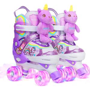 Dino Kids Toddler Roller Skates for Boys Girls,WESKIFAN Dinosaur Quad Skating Shoes with Shiny Light up Wheels&Adjustable Sizes Beginners rollerskates for Birthday Xmas Gifts (Small-Little Kid(10.5C~13C), Doll-Purple)