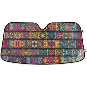 Boho Ethnic Car Windshield Sun Shade Bohemian Stripes Colorful Mandala Flower Foldable UV Ray Sun Visor Protector Sunshade to Keep Your Vehicle Cool (55" x 27.6")