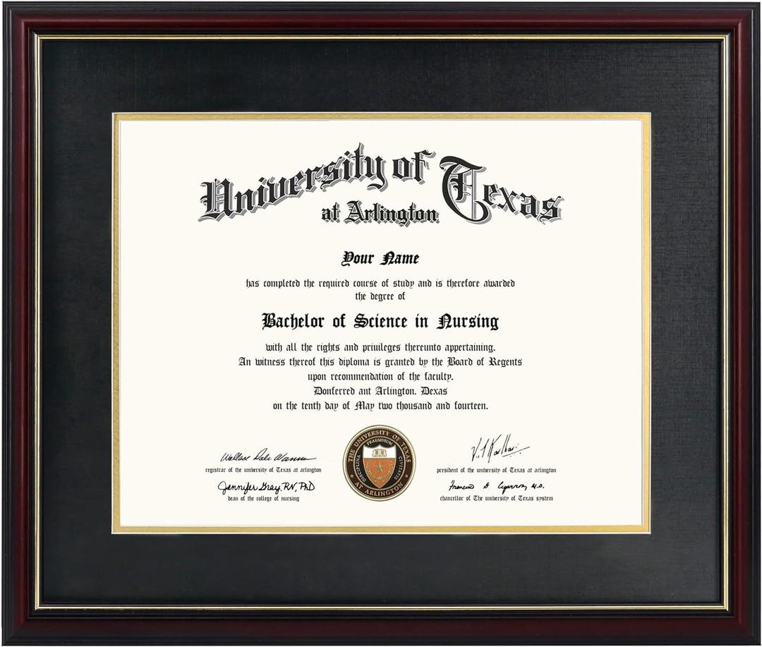 GraduationMall 11x14 Diploma Frame with Black over Gold Mat or Display 15x18 Certificate without Mat,Solid Wood & UV Protection Acrylic,Cherry Finish with Gold Trim