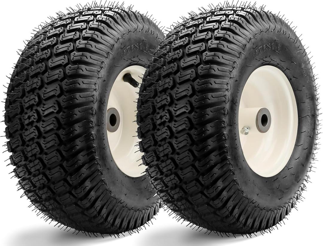 2 Pieces 15x6.00-6 Front Lawn Mower Tires & Wheels - NHS Alloy Steel - for Husqvarna Craftsman, John Deere 100 & D100 Series Riding Mowers and Lawn Tractors - 3" Centered Hub, 3/4" Bushings