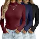 3 Pack Women's Long Sleeve Turtleneck T-Shirts, Thumbhole Slim Fit Base Layer Tops Mock Neck Thermal Underwears (Red, Navy Blue, Black)