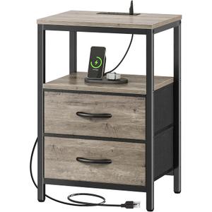 Huuger Nightstand with Charging Station, Fabric Drawers, End Table with Open Shelf, Bedside Table with USB Ports and Outlets, Night Stand for Bedroom, Oak (11.8"D x 15.7"W x 23.6"H (2 Drawers))