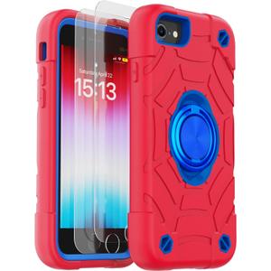 KCJ for iPhone SE Case 2022/2020, iPhone 8/7/6/6S Case, with [2Screen Protectors][Ring Stand] Soft Silicone+Hard PC Full Body Protection Heavy Duty Phone Case 4.7 inch (Red+Blue)