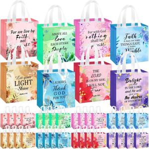 HunnmingRe 32 Pcs Christian Gift Bags with Handles Bible Verse Gift Bags Bulk Non Woven Reusable Flower Religious Baptism Totes for Women Wedding Birthday First Communion Present Wrapping