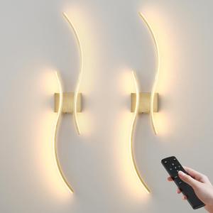 Battery Operated Wall Sconces Set of Two with Remote Control, Stepless Colors 3000K-6000K & Dimming, LED Brass Wireless Wall Light for Living Room, Hallway, Bedroom, 39.3 Inch (2 Pack)